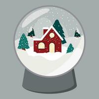 transparant glas sneeuw wereldbol met een rood huis in de Woud vector