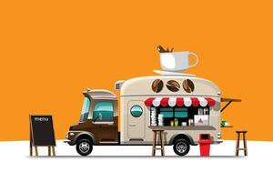 het zijaanzicht van de foodtruck met menu met koffie vector