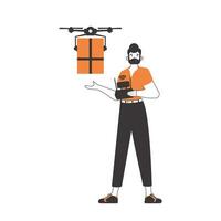 een Mens levert een pakket door drone. lucht levering concept. lineair modern stijl. geïsoleerd Aan wit achtergrond. vector illustratie.