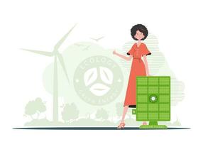 groen energie concept. een vrouw is staand in de buurt een zonne- paneel. modieus stijl. vector illustratie.