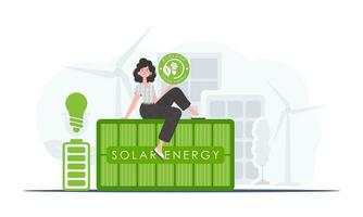 de concept van groen energie en ecologie. een vrouw zit Aan een zonne- paneel en houdt de eco logo in haar handen. modieus stijl. vector illustratie.