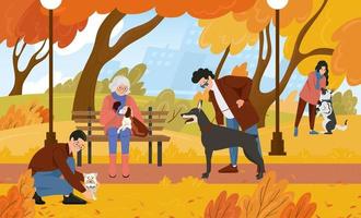 hondenuitlaatgebied. mensen ontspannen met hun huisdieren in het herfstpark. platte vectorillustratie vector
