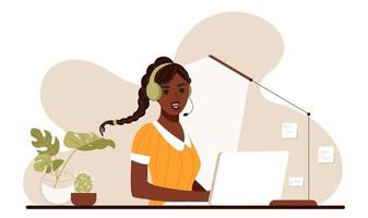 Afro-Amerikaanse vrouw die thuis zit met laptop die live streamt op blog op sociale media. podcast-concept. vlogger vector stripfiguren.