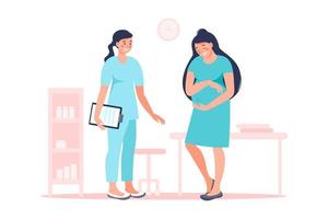 zwangere vrouw met arts in ziekenhuis medisch kantoor onderzoek tijdens de zwangerschap. platte vectorillustratie. zwangerschap en moederschap concept. aanstaande moeder, moederschap, alleenstaande moeder. vector