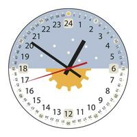 24 uren 60 minuten klok gezicht met pijlen. vol dag klok. dag en nacht. schattig ontwerp met zon en sterren vector
