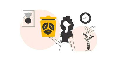 een vrouw is Holding een uitschot kan. verspilling recycling concept. lijn kunst stijl. vector