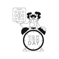 meisje houdt kalender en alarm klok, symboliseert belasting dag. vector illustratie in lineair stijl.
