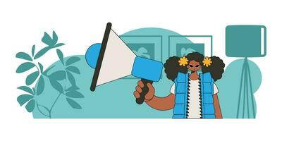 de concept van personeel zoeken. een vrouw met een megafoon, symboliseert de zoeken voor mensen in de arbeid markt. vector