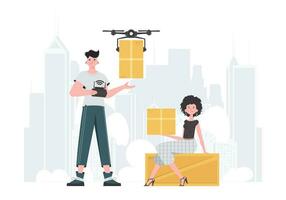 levering thema. de quadcopter is vervoeren de perceel. Mens en vrouw met karton dozen. vlak modern ontwerp. vector. vector