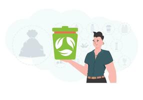 de concept van ecologie en recyclen. elegant Mens Holding een urn in zijn handen. vector illustratie vlak modieus stijl.