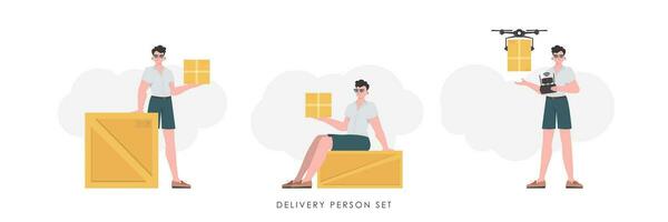 een reeks van een Mens met een doos en een perceel. de concept van lading levering. modieus vlak stijl. vector illustratie.