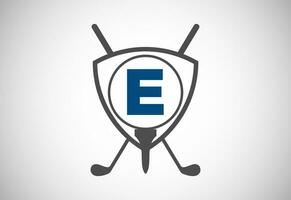 Engels alfabet e met golf bal, golf stok en schild teken. modern logo ontwerp voor golf Clubs. vector