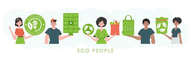 ecologie vriendelijk. eco vriendelijk mensen. mode neiging karakters. vector illustratie.
