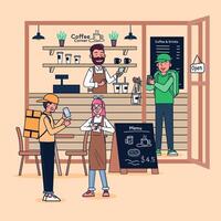 een jonge man opent een kleine coffeeshop. koffie en cake verkopen. vector