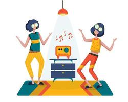 twee jonge meisjes oefenden dansen door naar muziek op de radio te luisteren. vector