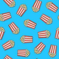 popcorn naadloos patroon Aan een blauw achtergrond. popcorn emmer dozen icoon illustratie vector