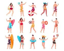 bundel van man en vrouw karakter 3 sets, 15 poses van vrouw in zwempak met uitrusting vector