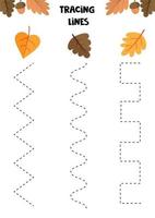 educatief spel voor kinderen. handschrift oefenen. herfst set. herfst bladeren. traceer de lijnen. werkblad voor de kleuterschool. vector