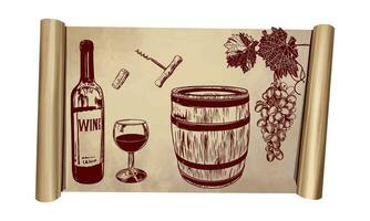 fles, glas, vat van rood wijn, Liaan, bladeren, kurketrekker. vector illustratie Aan een wijnoogst rollen. ontwerp element voor menu's, wijn lijsten, etiketten, spandoeken, flyers.