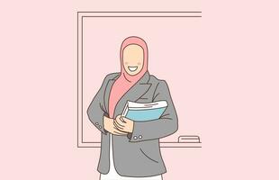 vrouw leraar in hijab Holding een boek. moslim vrouw, leraar illustratie vector