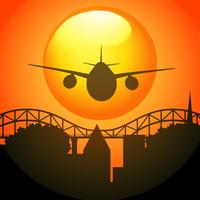 Silhouetscène met vliegtuig die over brug vliegen vector