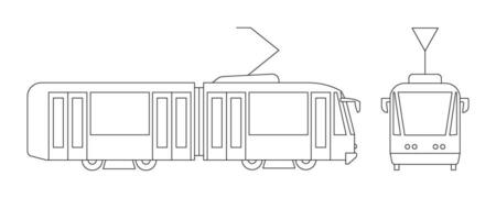 tram voor in beweging in de omgeving van stad, openbaar vervoer tram model- kleur lijn icoon. passagier vervoer. kant en voorkant visie. vector illustratie