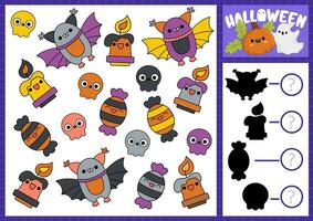 halloween ik spion en schaduw bij elkaar passen spel voor kinderen. zoeken en tellen werkzaamheid met schattig kawaii vakantie symbolen. eng herfst afdrukbare werkblad voor peuter- kinderen vector