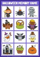 vector halloween kawaii geheugen spel kaarten met schattig traditioneel vakantie symbolen. samhain partij bij elkaar passen werkzaamheid. onthouden en vind correct kaart. gemakkelijk afdrukbare werkblad voor kinderen