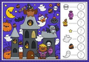 vector halloween zoeken spel met achtervolgd huis en kawaii karakters. plek verborgen voorwerpen, zeggen hoe veel. gemakkelijk herfst vakantie zoeken en vind tellen bladzijde of afdrukbare werkzaamheid