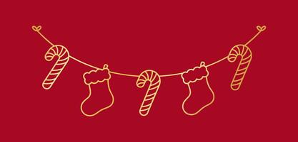 goud Kerstmis kous en snoep riet slinger schets tekening reeks vector illustratie, Kerstmis grafiek feestelijk winter vakantie seizoen vlaggedoek