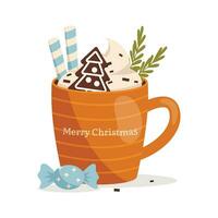 Kerstmis mok met heet drankje. geslagen room, chocola chips, peperkoek koekjes, wafel broodjes, snoep. opschrift vrolijk kerstmis. vector grafisch.