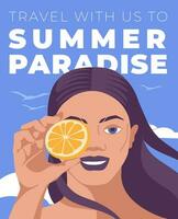 brunette meisje Holding een citrus in voorkant van haar gezicht, zomer tropisch toerist seizoen reclame. vlak vector illustratie