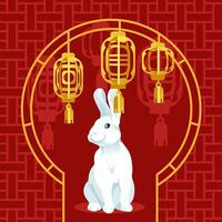 Chinese nieuw jaar kaart met konijn. met traditioneel lantaarns en meetkundig ornament Aan een rood achtergrond. vector vlak illustratie