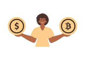 een Mens houdt een bitcoin en een dollar in de het formulier van munten in zijn handen. karakter in modieus stijl. vector