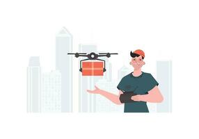 een Mens controles een quadcopter met een pakket. levering thema. vector illustratie.