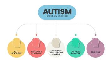 autisme spectrum wanorde asd infographic presentatie sjabloon met pictogrammen heeft 5 stappen zo net zo rett syndroom, asperger syndroom, pdd-nrs, autistisch wanorde en kinderjaren wanorde. diagram vector. vector