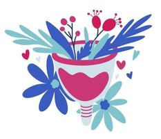 menstruatiecup met bloemen. nul afvalconcept. vrouwen periode. intieme hygiëne. eco-bescherming voor vrouwen in kritieke dagen. vectorillustratie op witte achtergrond. vector