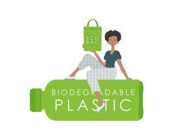 een vrouw zit Aan een fles gemaakt van biologisch afbreekbaar plastic en houdt een eco zak in haar handen. concept van groen wereld en ecologie. geïsoleerd. neiging stijl.vector illustratie. vector