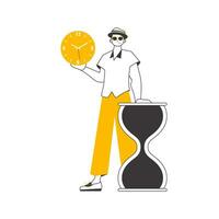 de vent is Holding een horloge. tijd beheer concept. modern lineair stijl. geïsoleerd. vector illustratie.