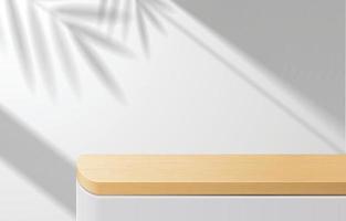 lege minimale houten tafel, houten podium op witte achtergrond met schaduwbladeren. voor productpresentatie, mock-up, weergave van cosmetische producten, podium, podiumvoetstuk of platform. 3D-vector vector