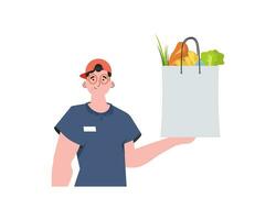 een Mens levert een pakket van producten. huis producten. voedsel levering. geïsoleerd. tekenfilm stijl. vector. vector