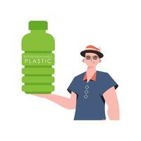een Mens houdt een fles gemaakt van biologisch afbreekbaar plastic in zijn handen. concept van groen wereld en ecologie. geïsoleerd. mode neiging illustratie in vector. vector