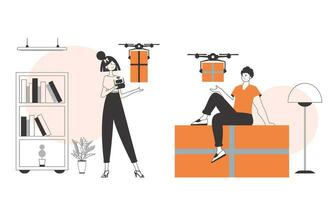 een Mens en een vrouw team stuurt een pakket door drone. lucht levering concept. minimalistisch lineair stijl. vector