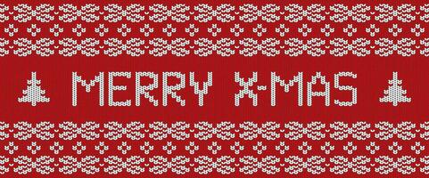 vrolijk Kerstmis met de hand gebreid vector post kaart. rood en wit winter trui textuur. bewerkbare knus warm realistisch ornament voor spandoek.