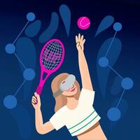 vrouw spelen tennis in vr hoofdtelefoon. vector hand- getrokken virtueel sport- illustratie