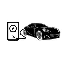 elektro auto opladen station vector illustratie. opladen sport auto zwart en wit geïsoleerd over- wit achtergrond spandoek. eco vervoer concept