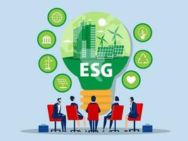 esg concept van milieu, sociaal en bestuur mensen delen de planeet aarde uitrusting met ecologie probleem esg hernieuwbaar, groente, veilig groen eco energie milieu vector