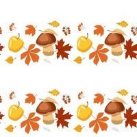 patroon van strepen van herfstbladeren, bessen, appels en paddenstoelen vector
