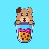 schattige hond die boba-melkthee drinkt. dierlijk beeldverhaalconcept geïsoleerd. kan worden gebruikt voor t-shirt, wenskaart, uitnodigingskaart of mascotte. platte cartoonstijl vector