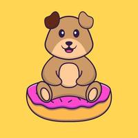 schattige hond zit op donuts. dierlijk beeldverhaalconcept geïsoleerd. kan worden gebruikt voor t-shirt, wenskaart, uitnodigingskaart of mascotte. platte cartoonstijl vector